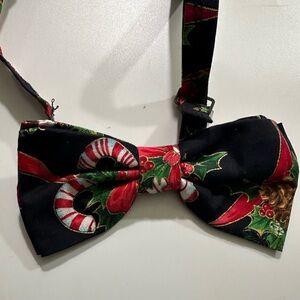 Festive Black Bow Tie with Candy Cane Design